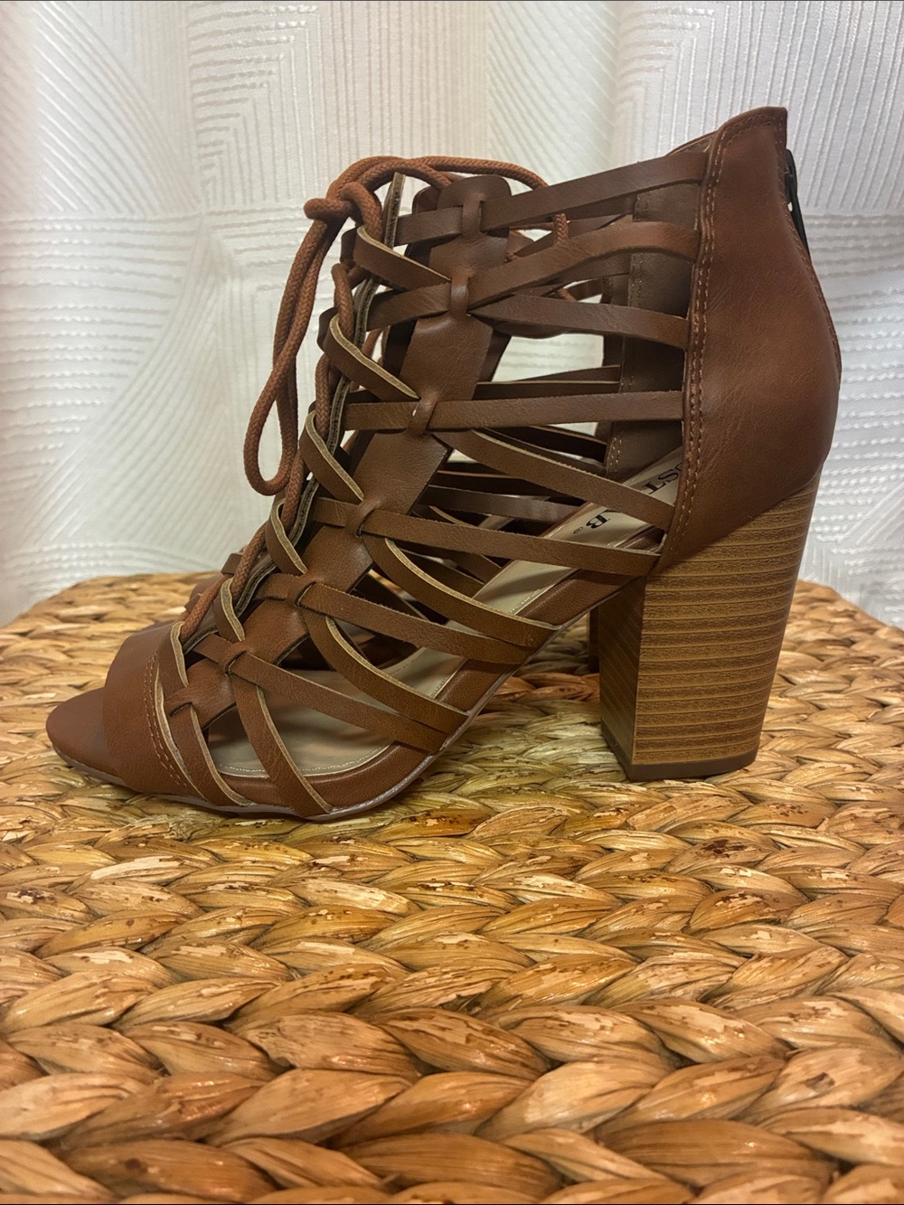 JustFab Brown Strappy Lace-Up Block Heel Sandals